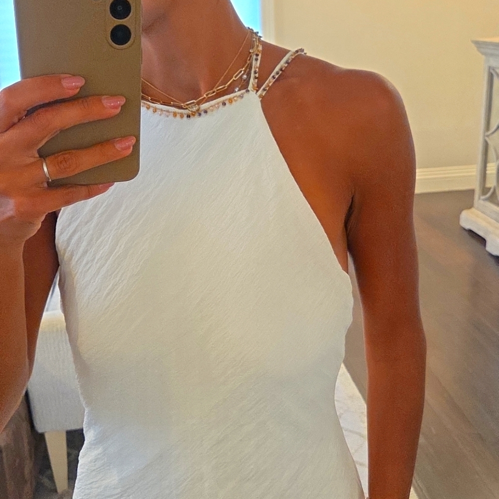 WOMEN'S ZARA WHITE CRINKLED HALTER MAXI SUN DRESS BEJEWELED HALTER SZ XS $90 - Picture 2 of 6